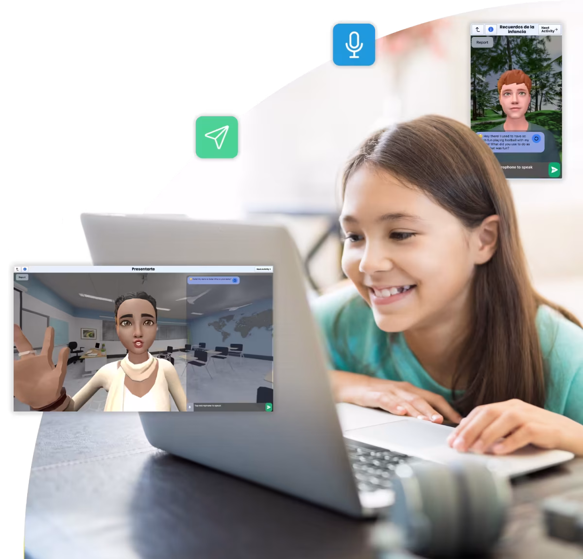 Girl learning English with online AI tutor.