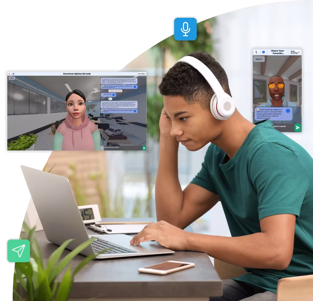 Young Spanish student learning English with virtual tutor.